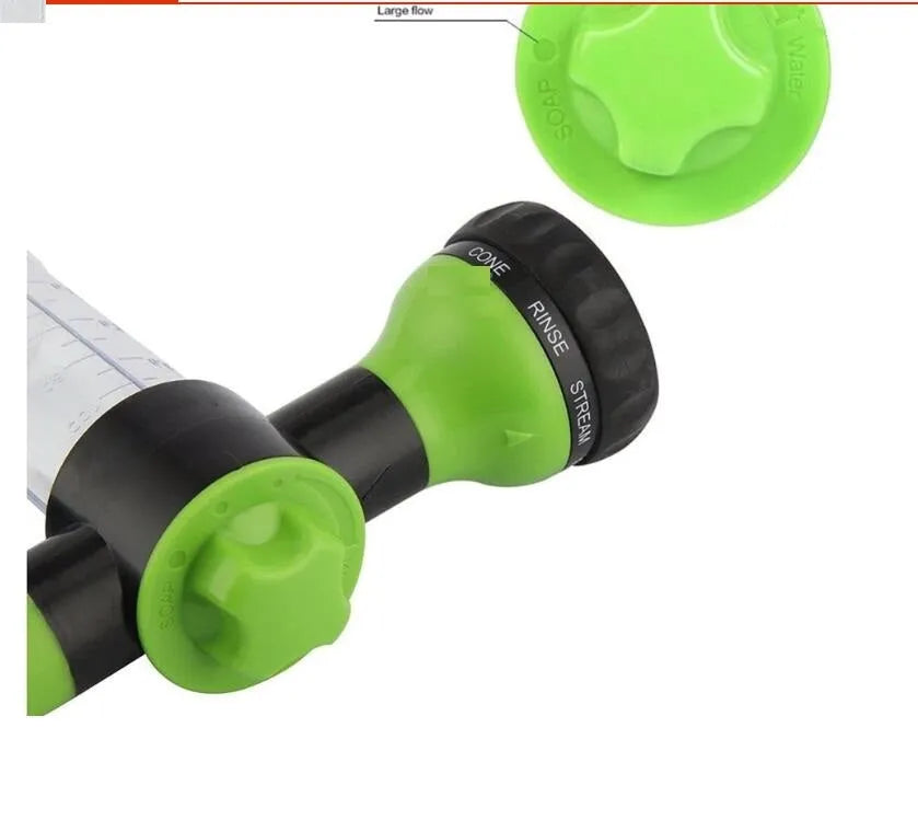 High pressure foam spray gun with eight spray patterns in green, yellow or black with water pipe