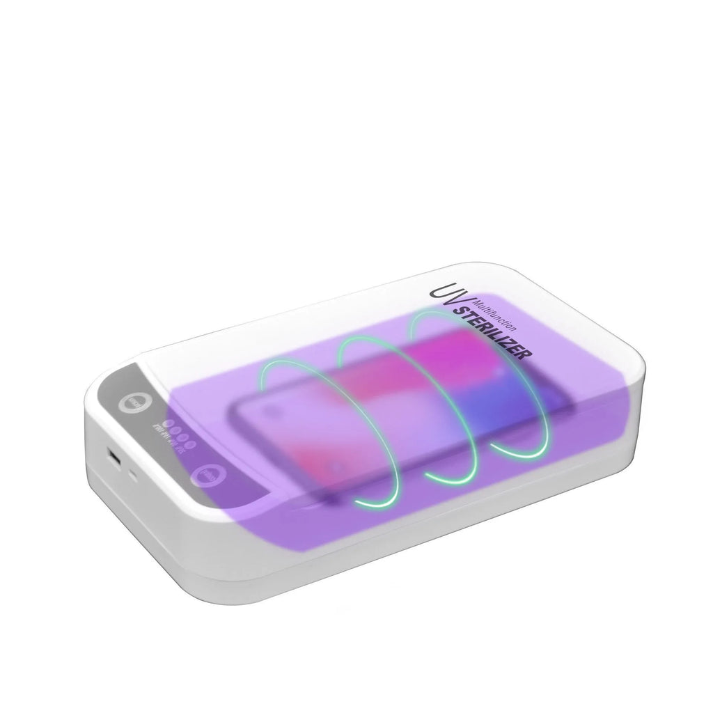 White UV disinfection box for mobile phones with internal light chamber visible