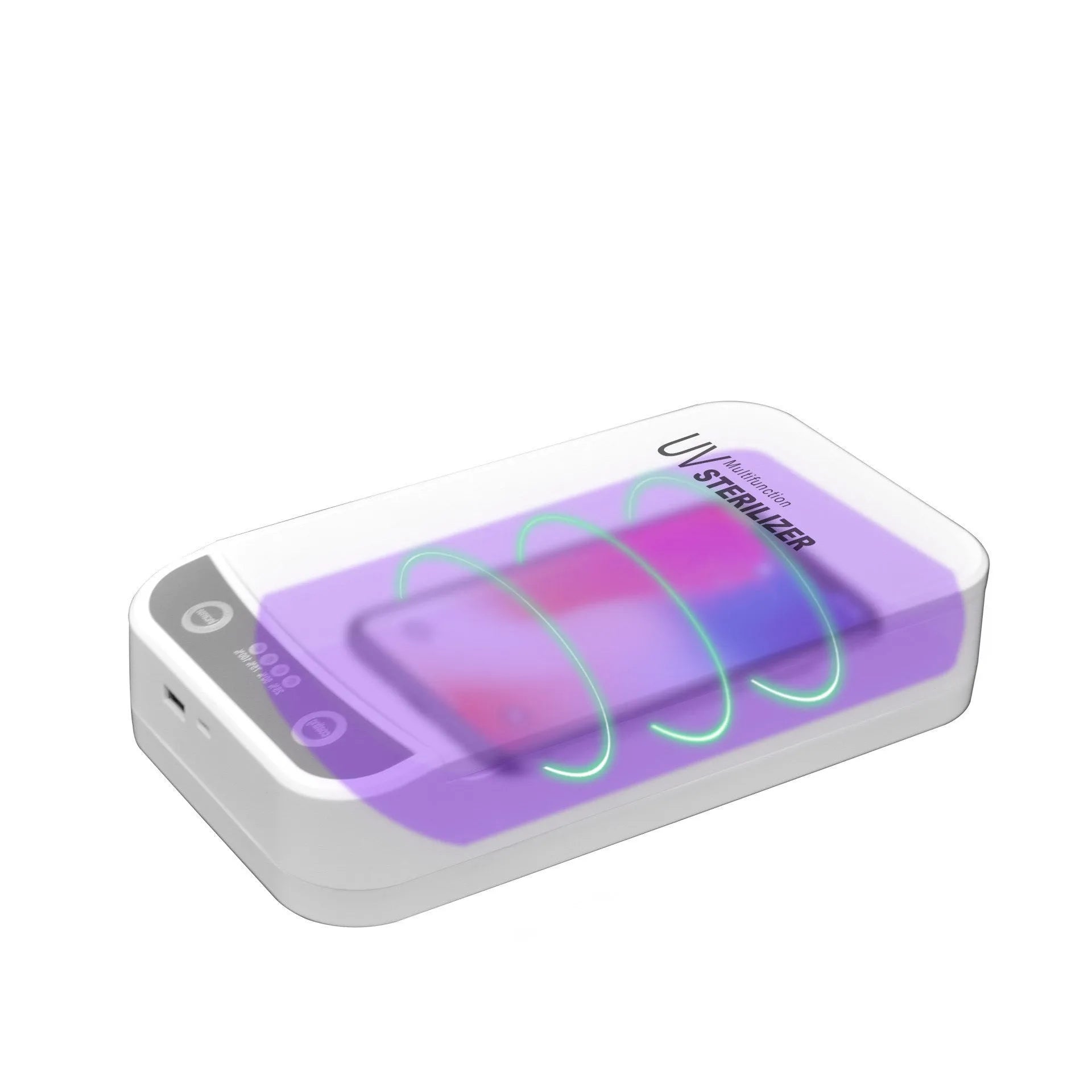 White UV disinfection box for mobile phones with internal light chamber visible