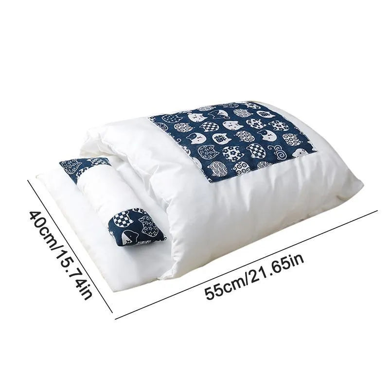 Warm grey cat bed with removable sleeping bag and pillow, shown in medium size