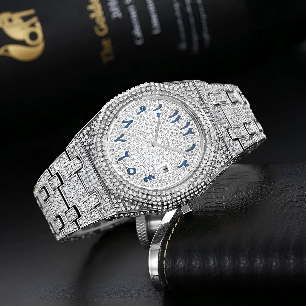 European hip hop full diamond Arabic scale quartz men's watch with gold plated strap and mineral glass mirror