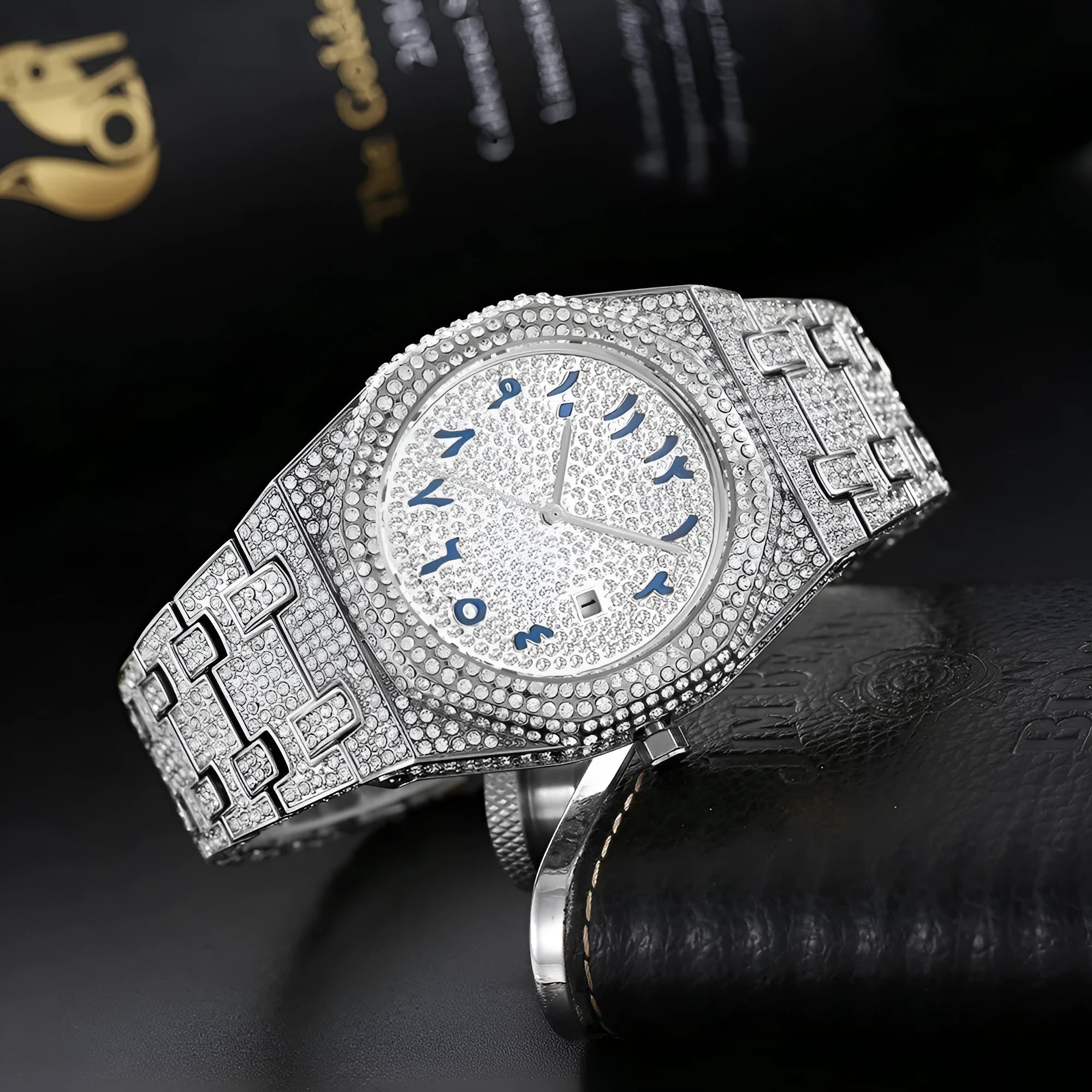 European hip hop full diamond Arabic scale quartz men's watch with gold plated strap and mineral glass mirror
