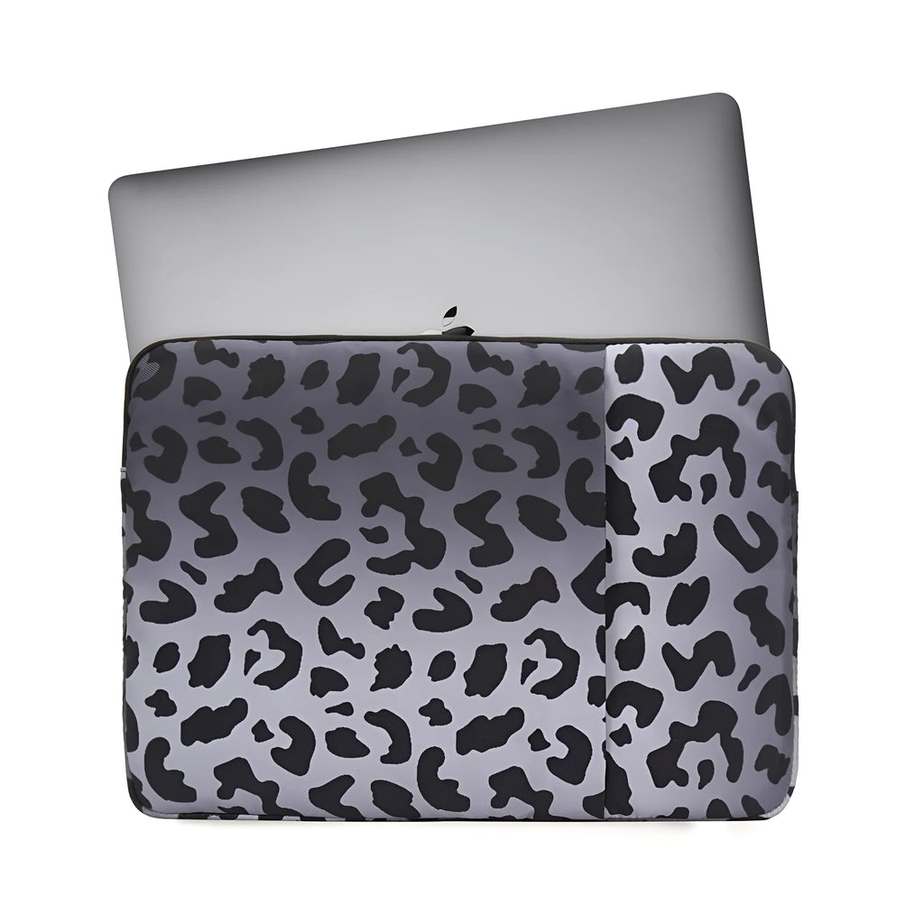 Leopard print laptop sleeve with polyester exterior and flannel lining for 13-inch to 16-inch devices