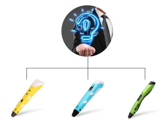 3D painting graffiti pen in black plastic, 180mm long, on a flat surface with coloured filament