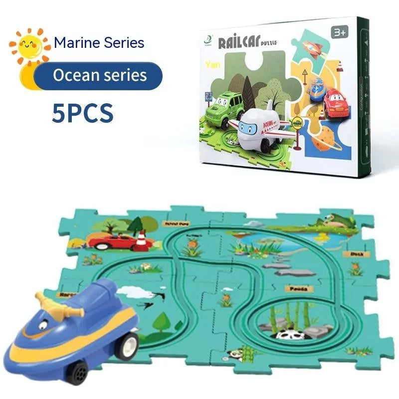 Children puzzle electric railroad speeder DIY assembly track set with automatic car and plastic pieces in multiple themes