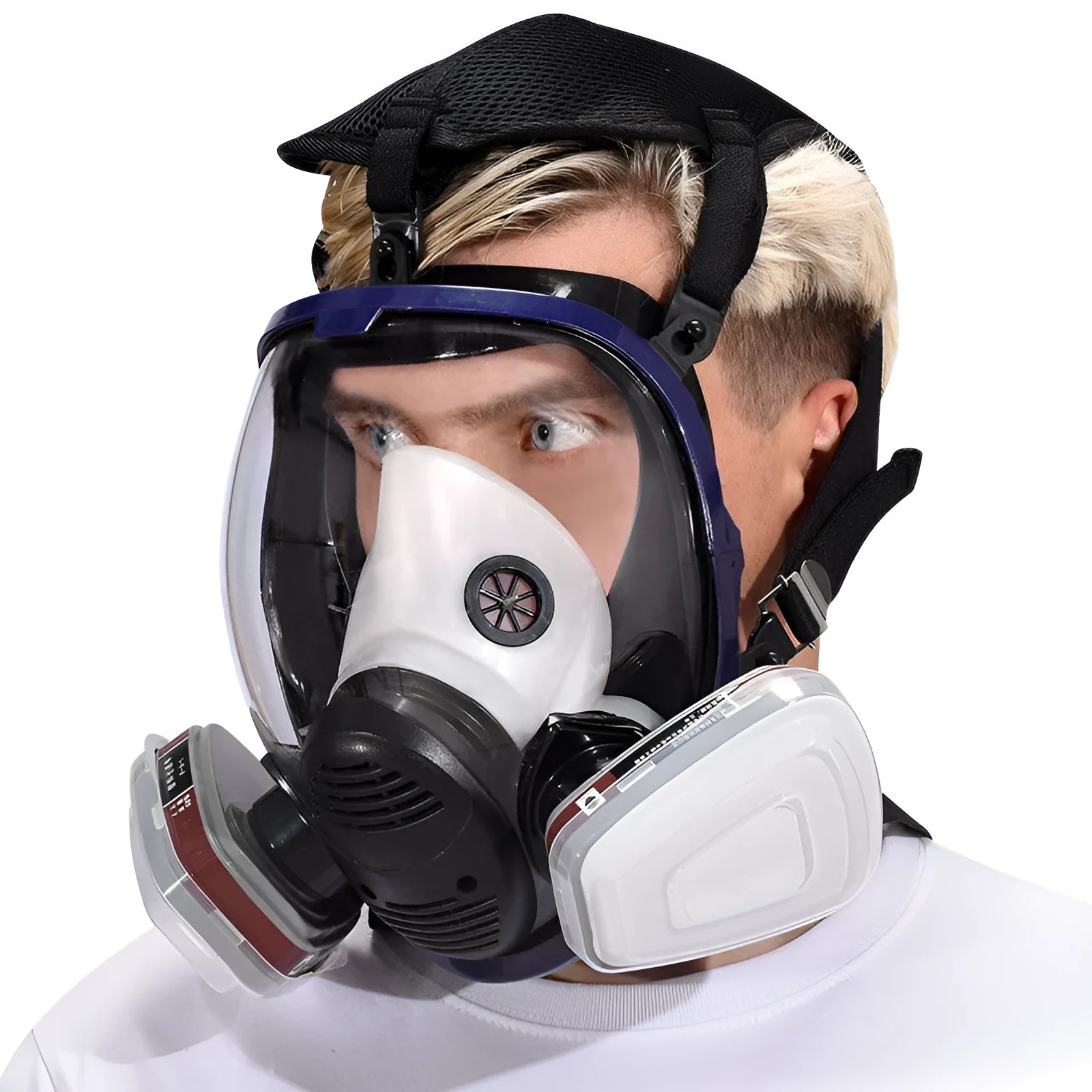 Blue-edged spherical full-face silicone gas mask with trapezoidal filter canister and box of seven filters.