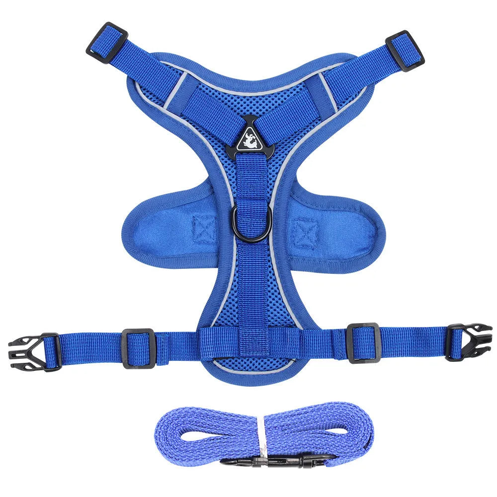 Adjustable soft mesh cat harness and leash set with reflective strips shown in blue, coffee, and grey colours.
