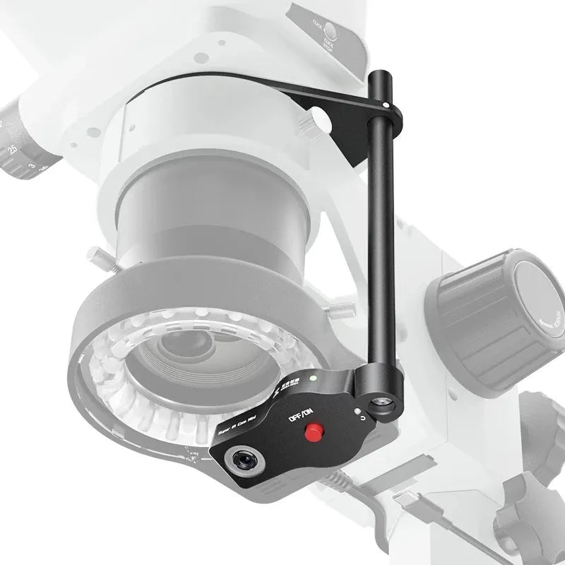 Baizao Mini thermal imaging device mounted on a microscope with adjustable arm and Type-C cable.