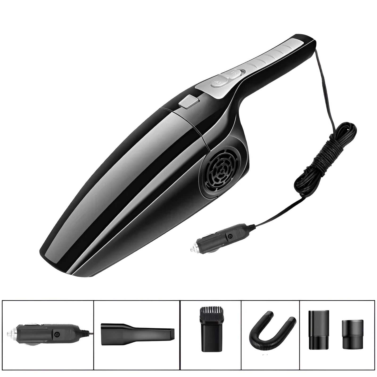 PoHigh Power Hypa black and orange handheld car vacuum cleaner with cigarette lighter plug.