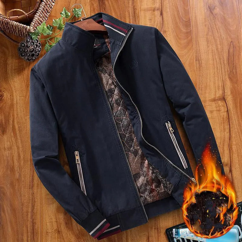 Plus velvet thick winter jacket for middle aged men, brown cotton, stripe design, zipper front