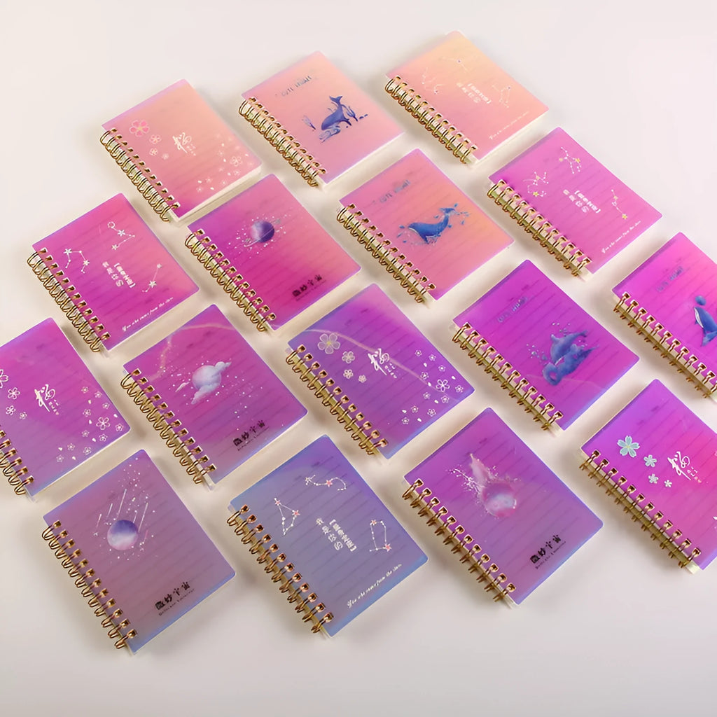 Pack of four A7 spiral-bound notebooks with decorative PP covers in various colours.