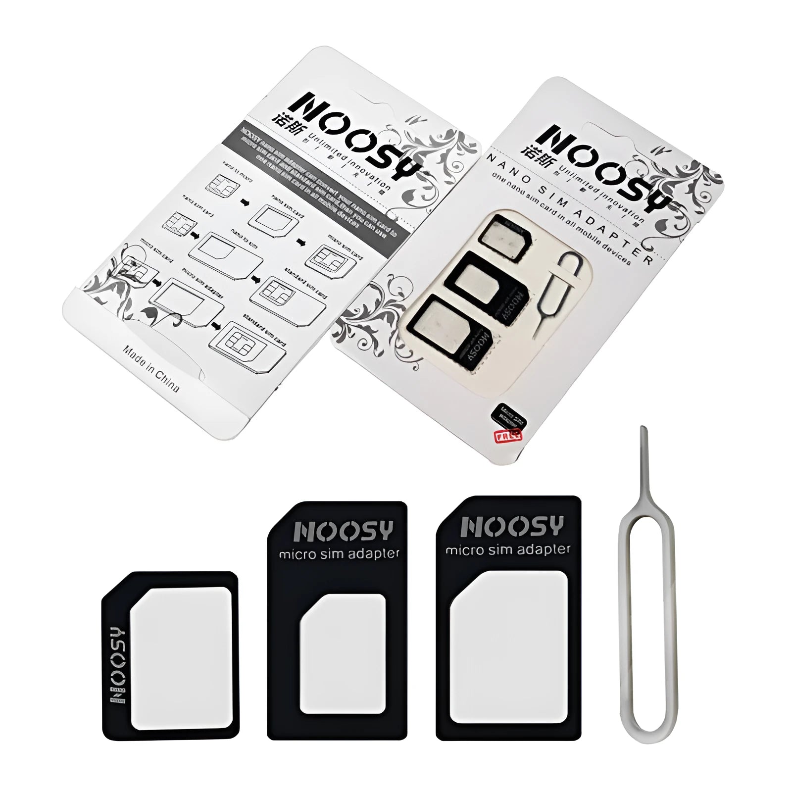 Three-piece black and white SIM card set with PC construction and Type 0 SIM card compatibility