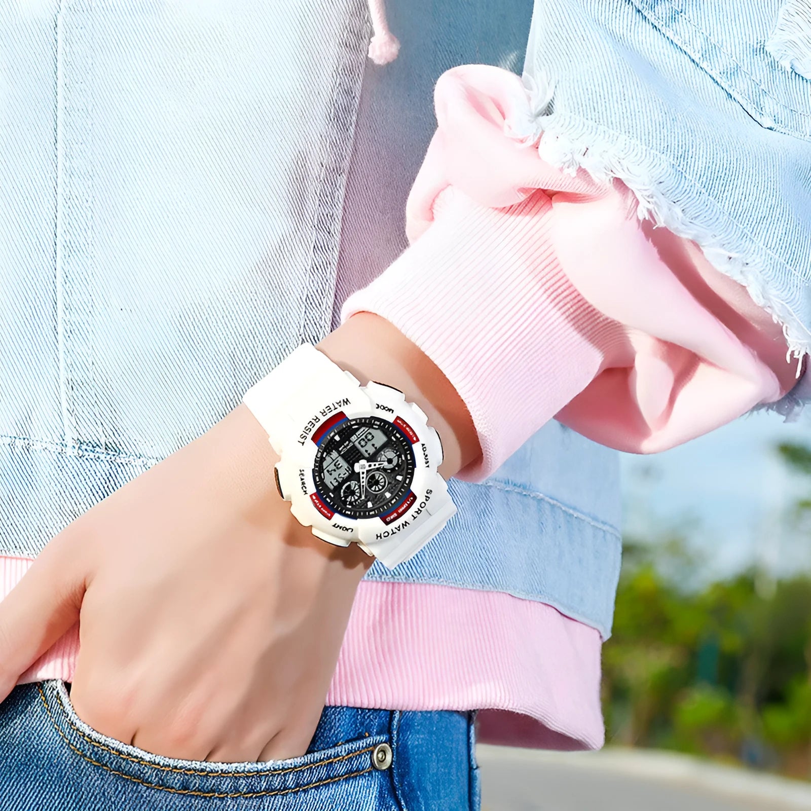 Women's multifunctional waterproof sports digital watch with resin case and stainless steel, available in multiple colours