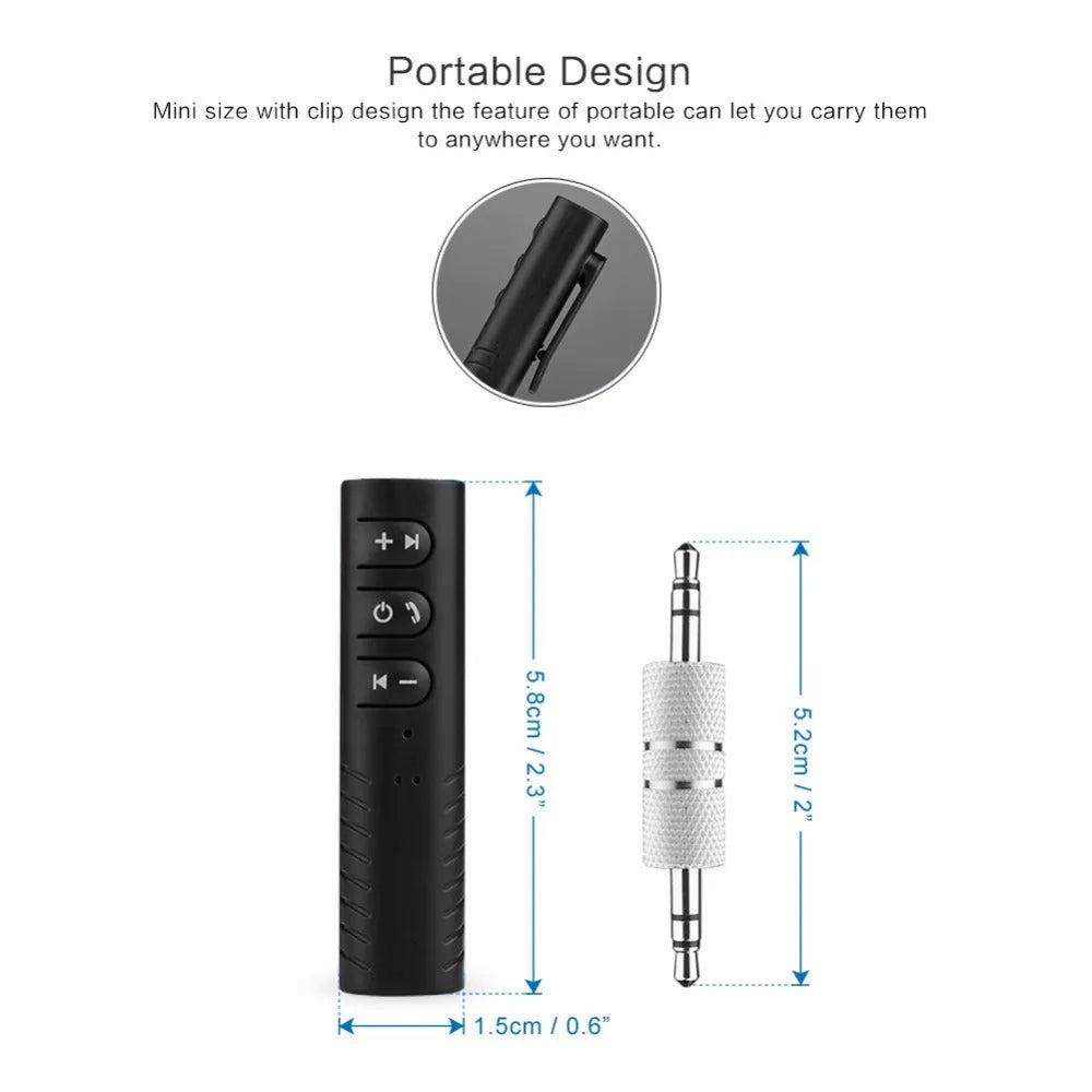 Black universal Bluetooth audio receiver adapter with 3.5mm jack for car stereo and speaker wireless upgrade
