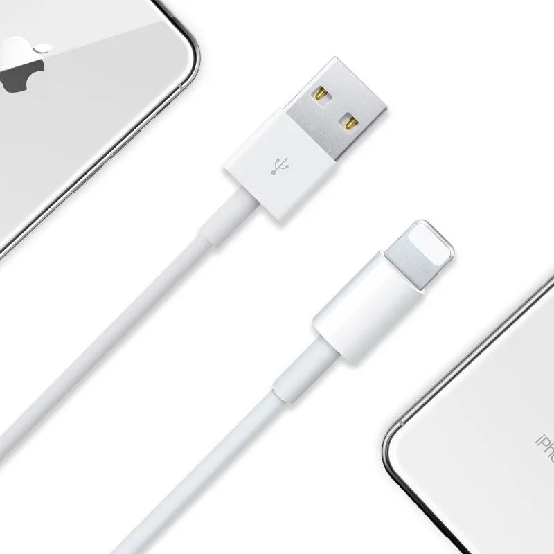 Grey Apple Lightning to USB fast-charge cable shown in 1m, 2m, and 3m lengths.