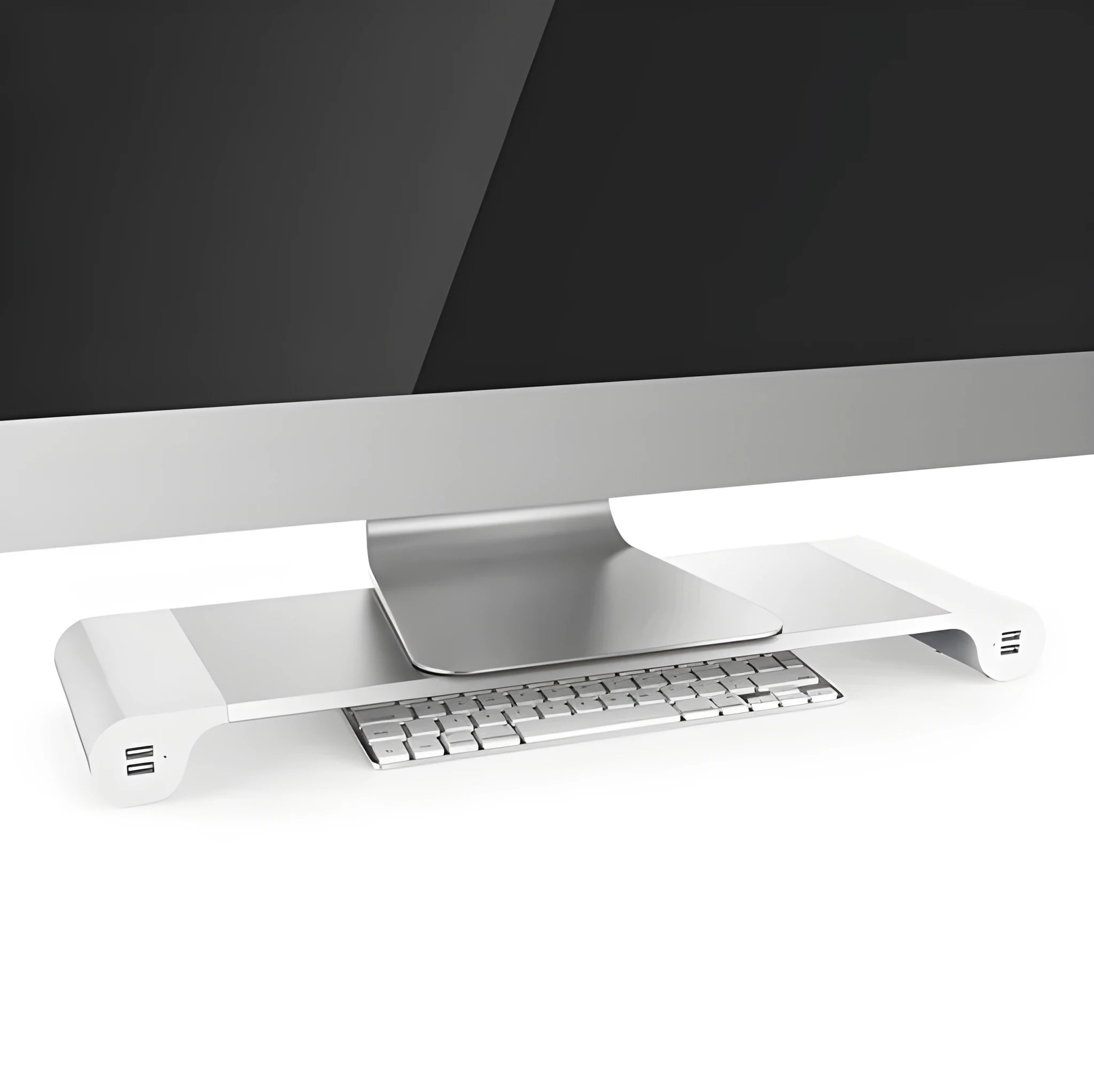 Aluminium computer monitor stand with 4 USB charging ports and keyboard storage space underneath