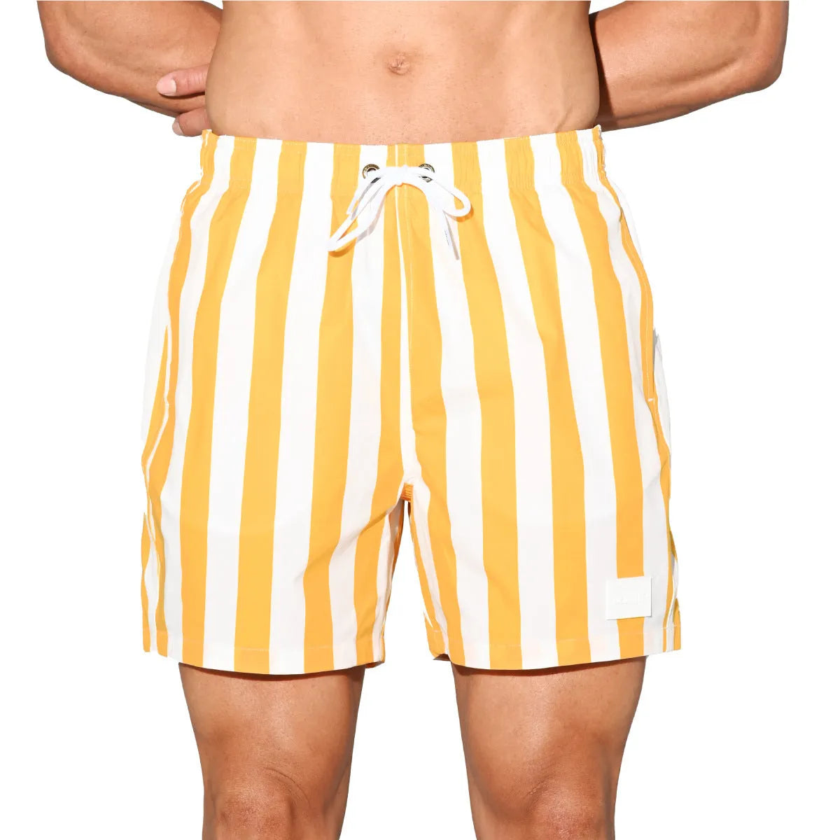 Men's casual loose striped quick-drying polyester shorts in black and white, front view, on plain background