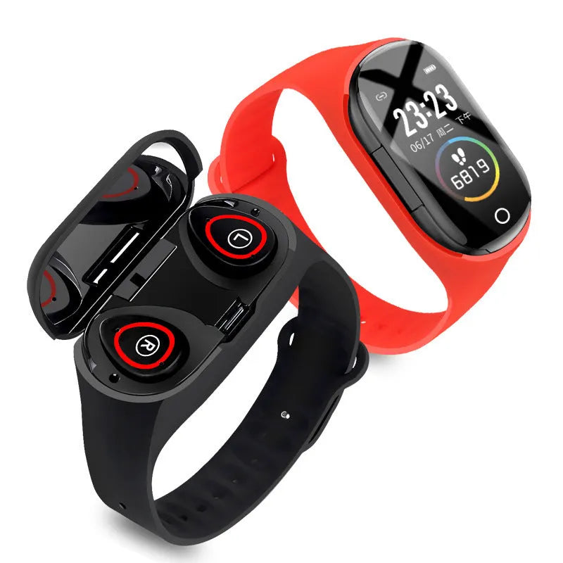 Blue silicone smart bracelet with integrated earphones and a 1-inch screen for fitness tracking