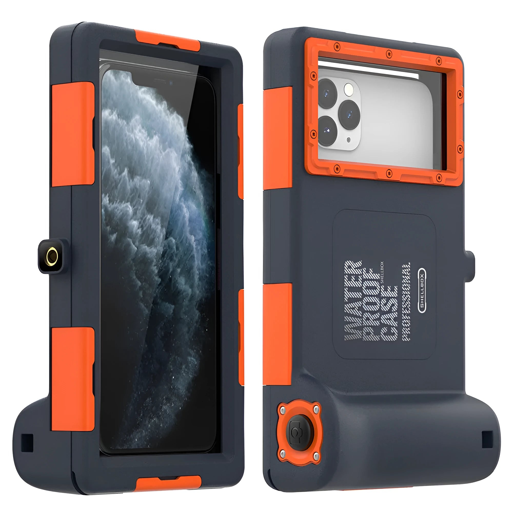 Universal waterproof phone case in orange colour compatible with iPhone and Samsung models