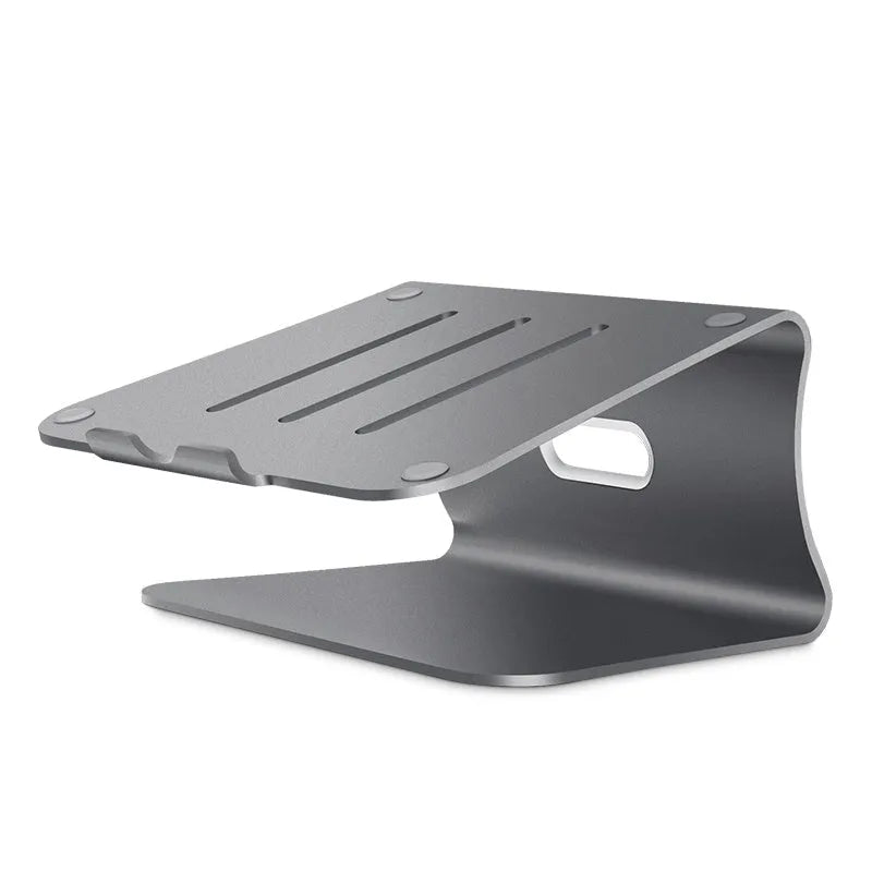 Silver aluminium laptop cooling bracket with rotary base on a wooden desk