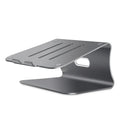 Silver aluminium laptop cooling bracket with rotary base on a wooden desk