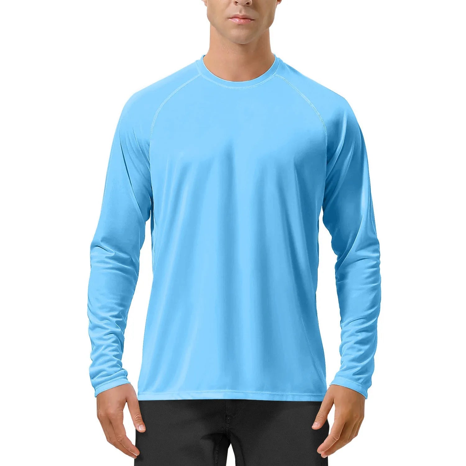 Quick-drying solid colour round neck polyester long sleeve sports top for men with UV protection