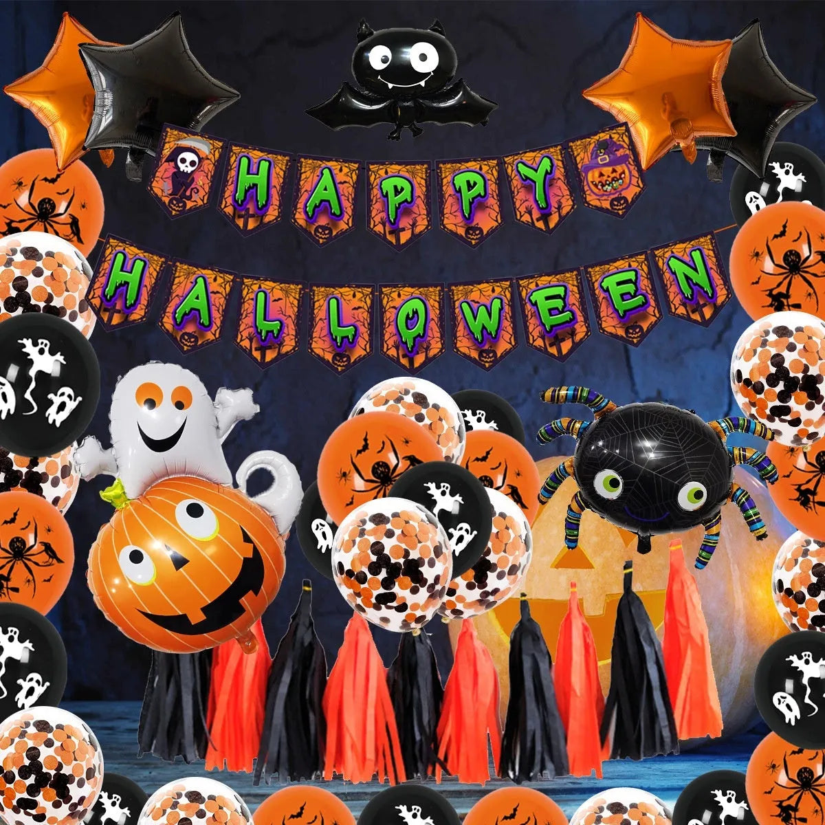 Halloween balloon decoration combo with spider arch and skull pumpkin themed balloons in white and black colours