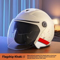 Full-face electric motorcycle helmet with double-mirror visor, ABS shell, and printed finish in khaki colour