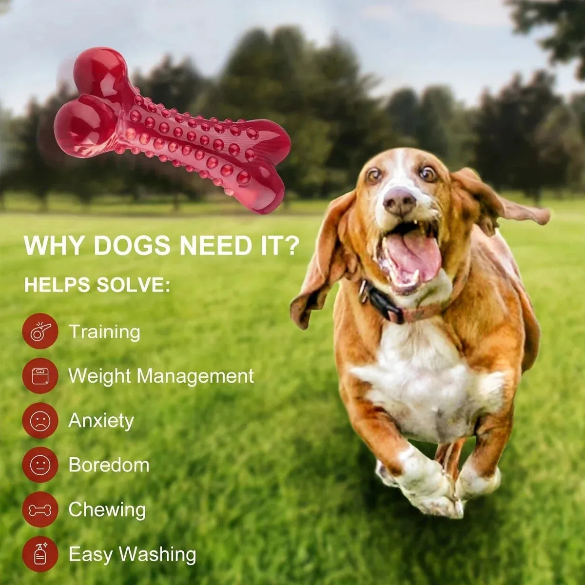 Red natural rubber dog chew toy with raised nodules for aggressive chewers