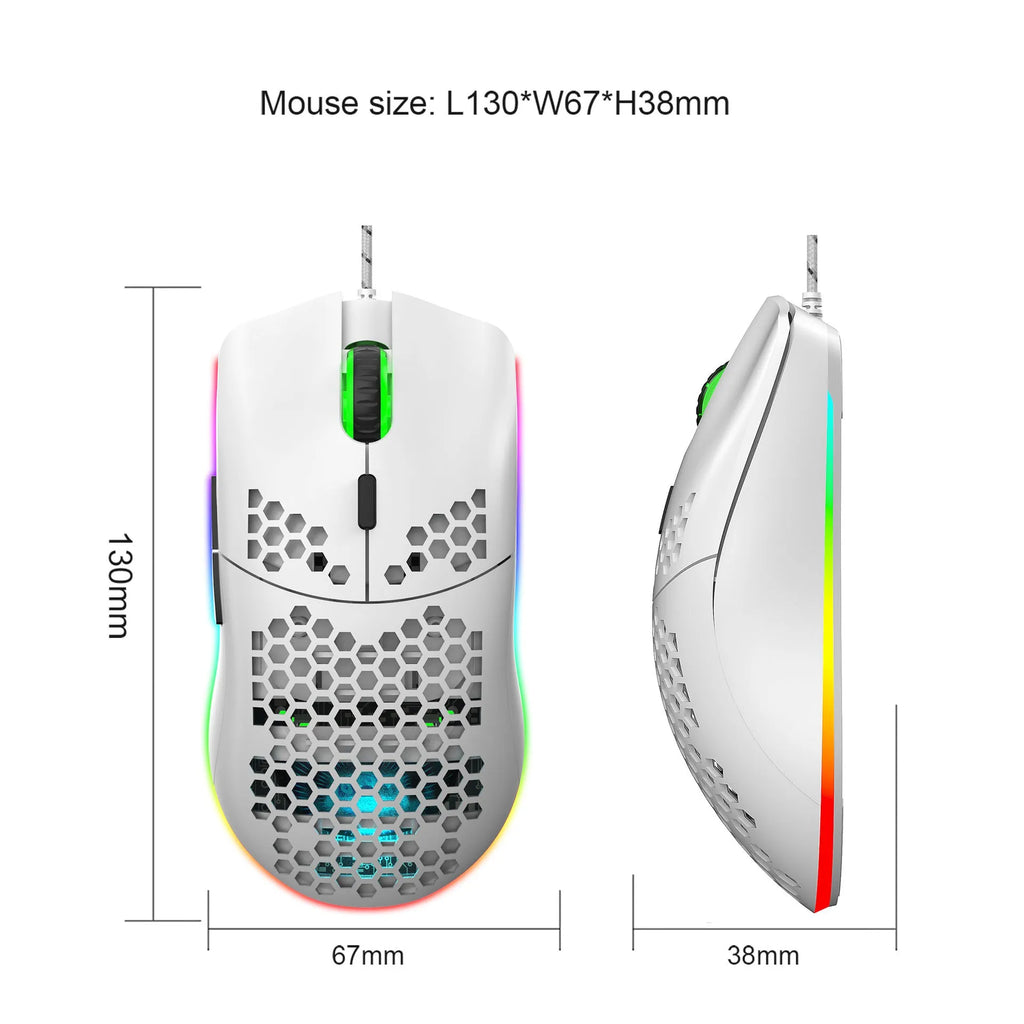 J900 lightweight honeycomb shell wired gaming mouse with RGB lighting, black colour, 6 buttons and 150cm cable