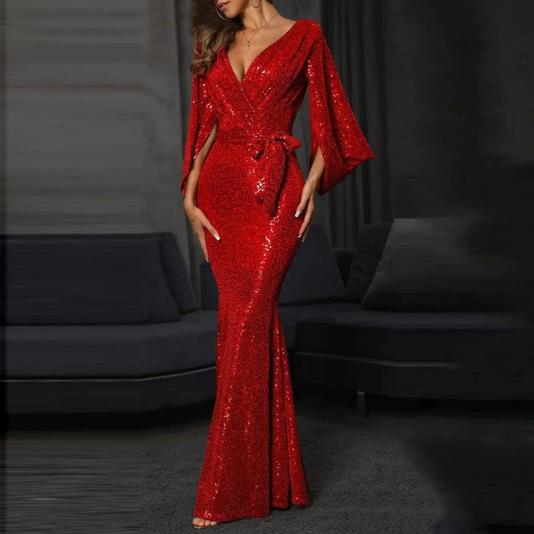 Red sequin fishtail dress with high waist and side slit, long skirt, 3/4 sleeves, polyester fibre