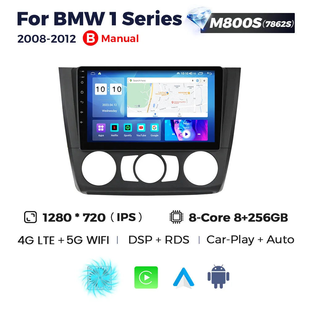 BMW E87 dashboard showing installed 9-inch Android car stereo and navigation touchscreen unit