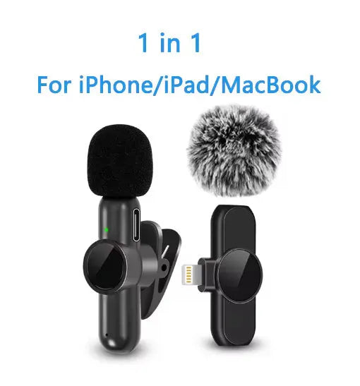 K3 wireless collar clip microphone in black with fur ball windscreen, top-down view showing clip and connector