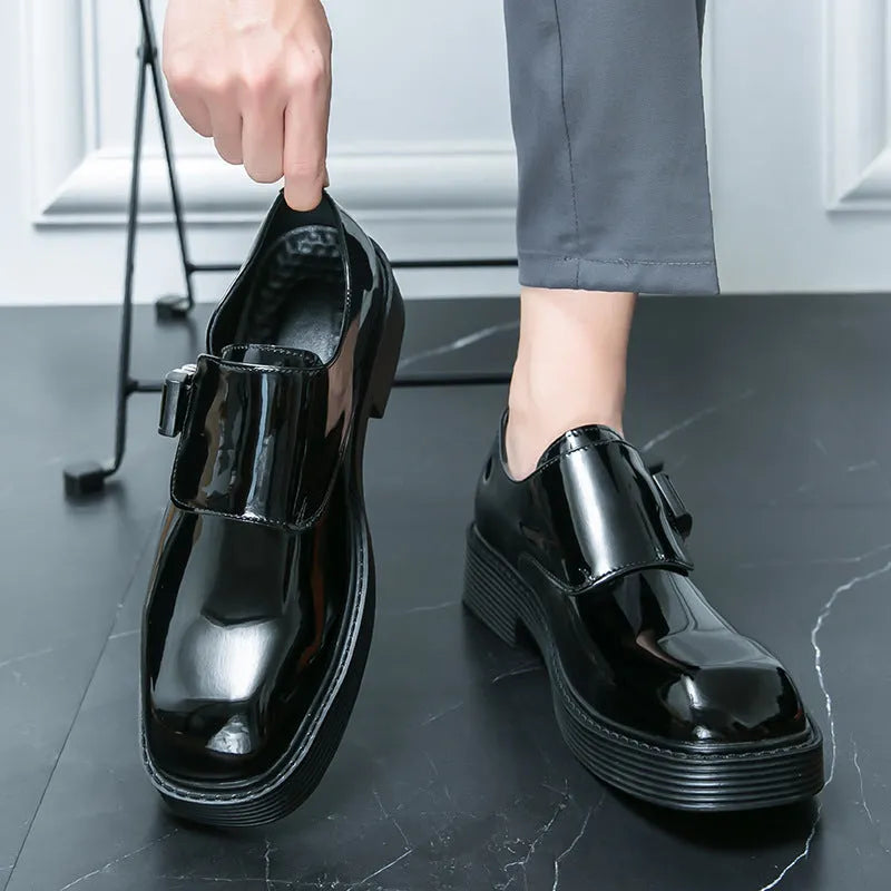 Men's glossy black platform loafers with hidden low heel