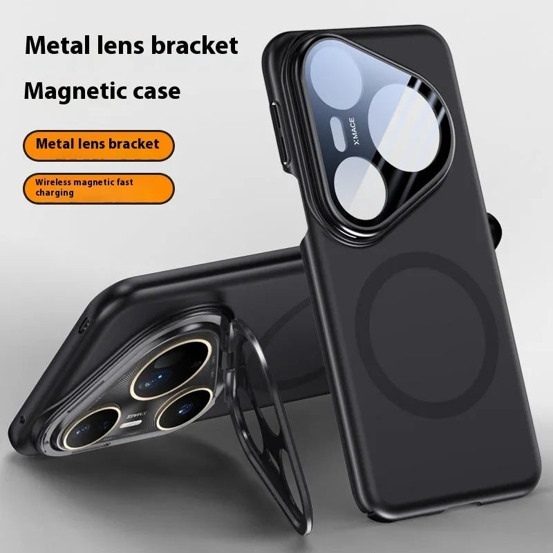 Huawei P80 series magnetic lens bracket phone case with frosted PC back shell in black, silver, bright red colours