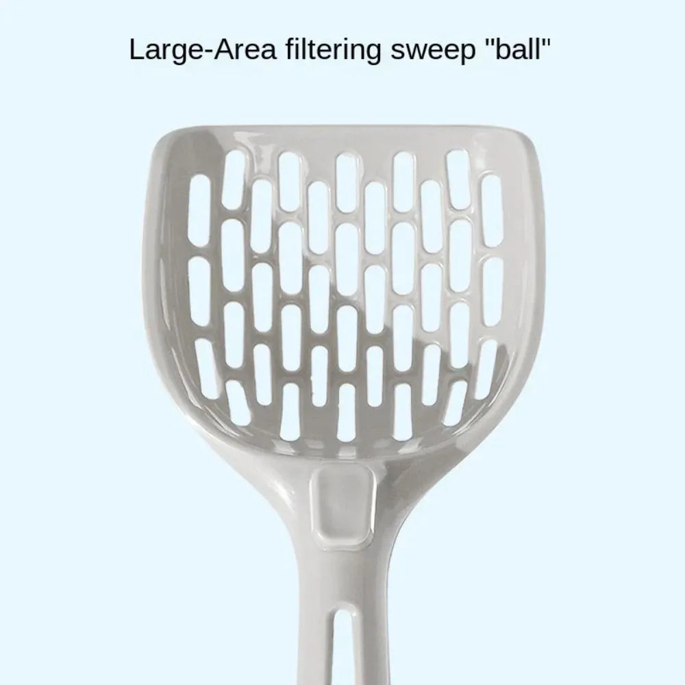 Grey plastic cat litter scoop with detachable base stand showing drainage slots