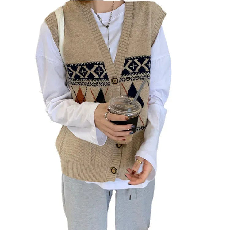Khaki diamond plaid sleeveless loose cardigan top on a hanger