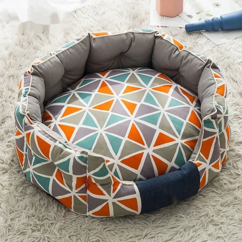 Round kennel dog mattress in contrast diamond lattice pattern, winter warm, removable washable cloth cover, size S