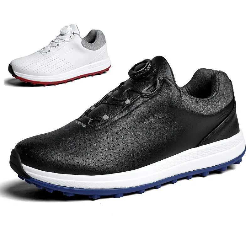 Men's white and black low top golf shoes with breathable design and MD sole
