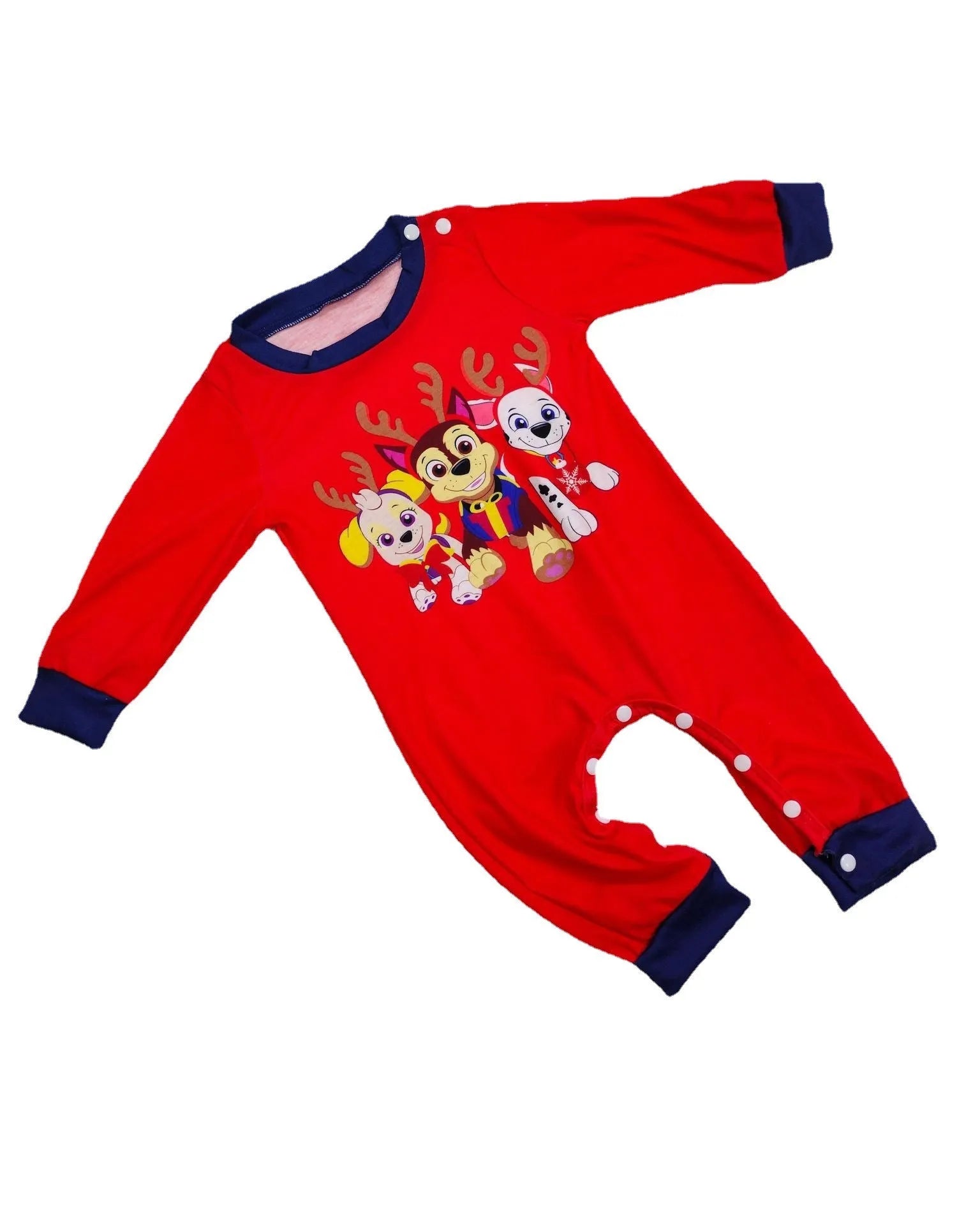 Red plaid family pyjamas set with cartoon deer print for adults, children, baby, and dog.