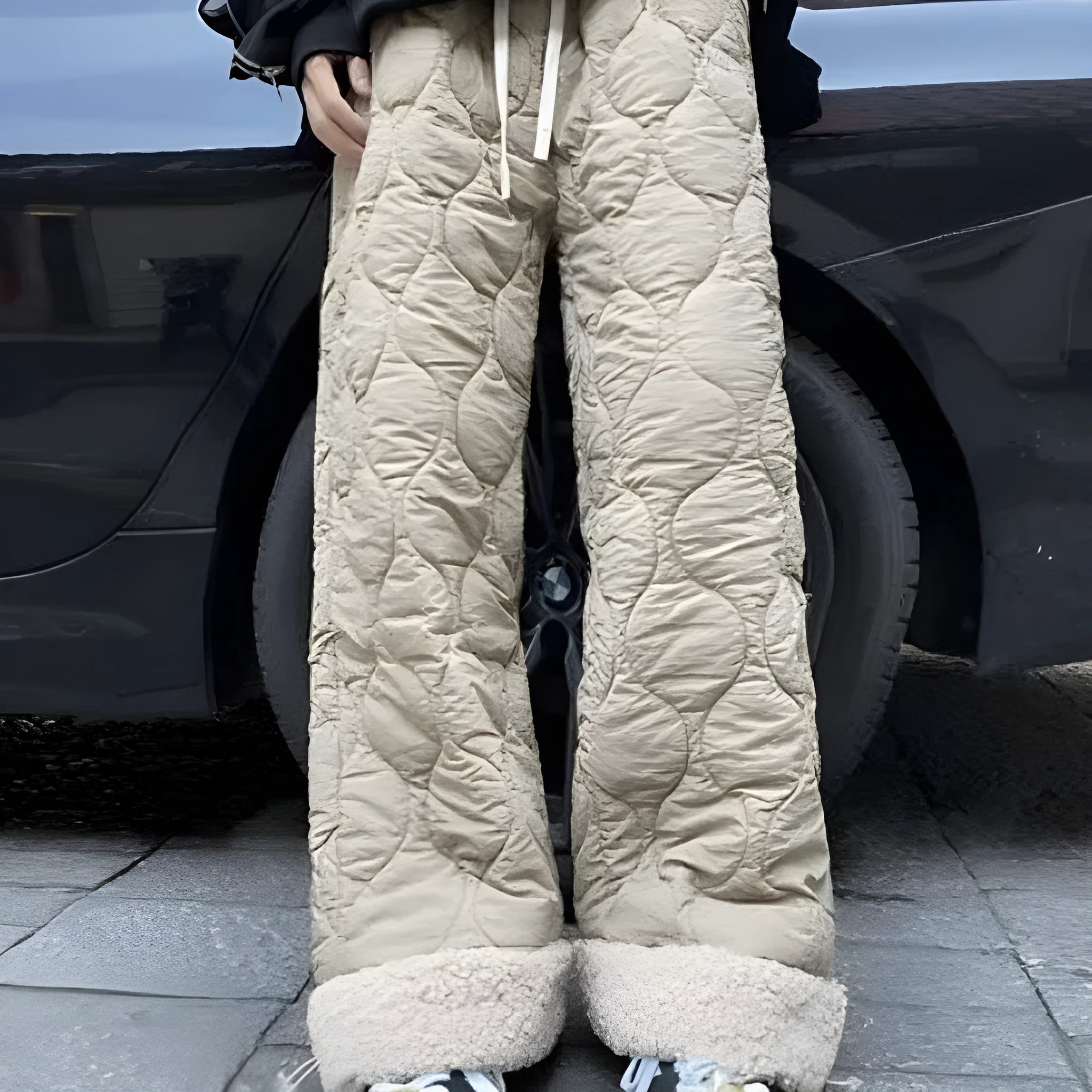 Winter cotton-padded waterproof patchwork lambskin cotton pants in black, side view