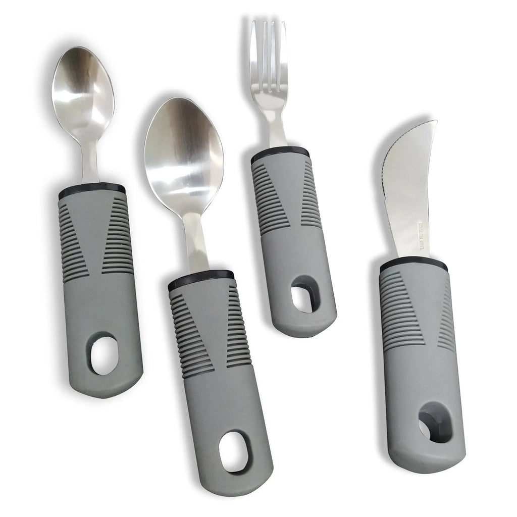 Stainless steel adaptive cutlery set with black rubber handles, showing knife, fork, and spoon.