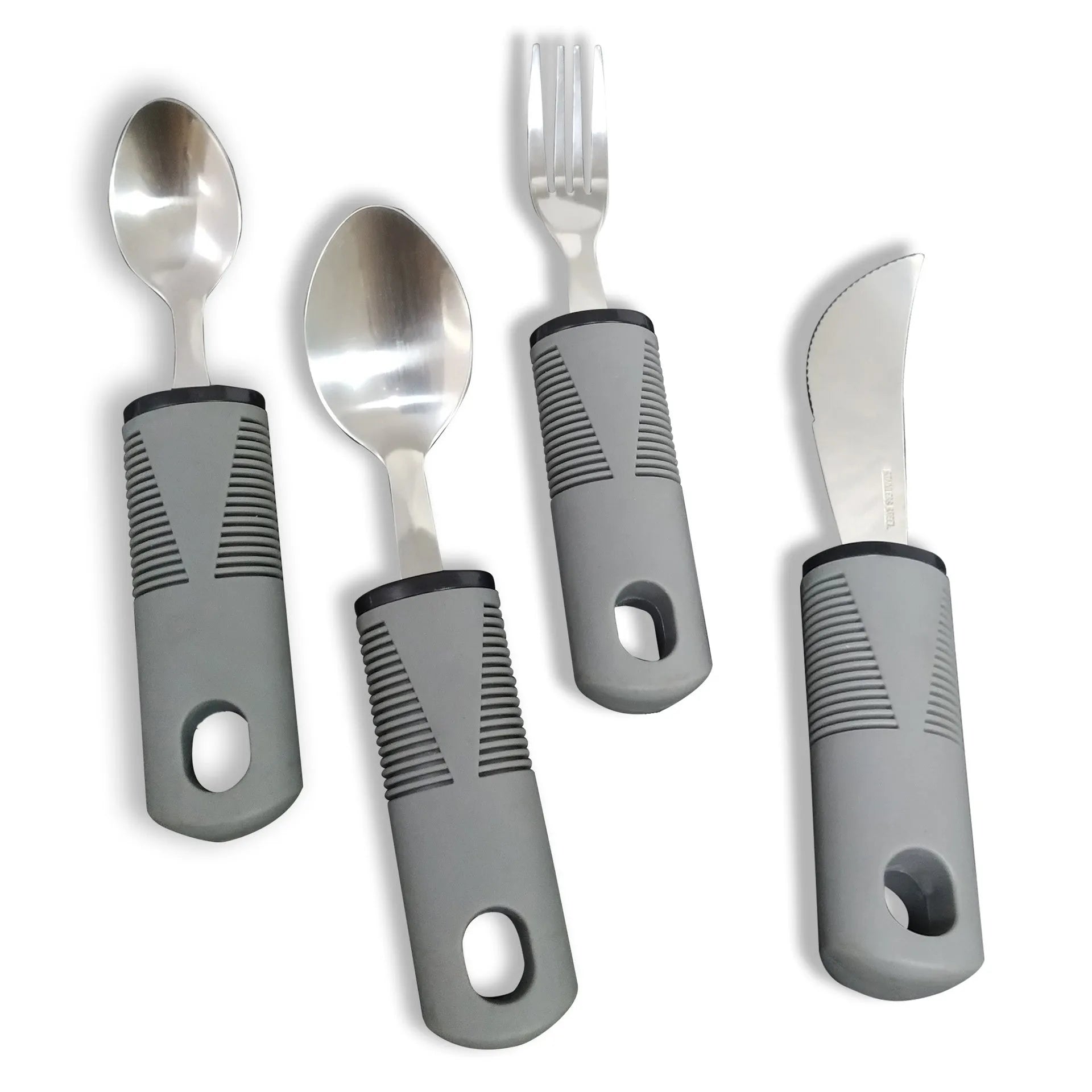 Stainless steel adaptive cutlery set with black rubber handles, showing knife, fork, and spoon.