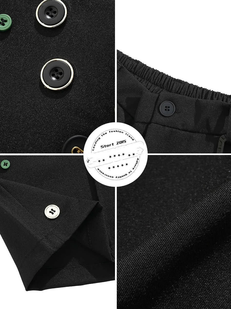 Man wearing black semi-elastic loose-fit shorts with a colour button fastening and zipper fly