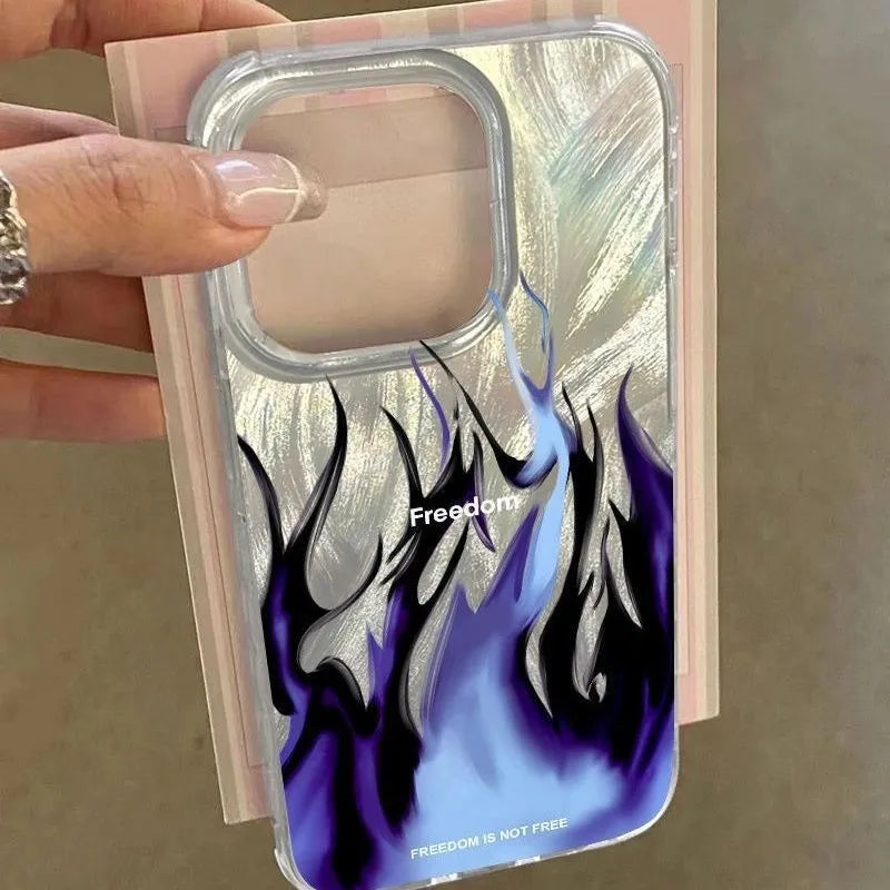 Colourful flame pattern silicone phone case for Apple iPhone, showing blue and red design variations.