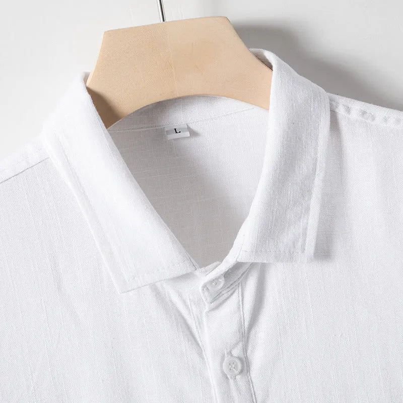 Men's linen blend T-shirt with loose lapel neckline in short sleeve solid colour design