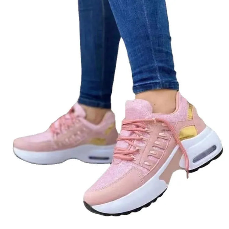 Lace up wedge heel running shoes for women with breathable mesh upper in low heel 1-3 cm round toe design