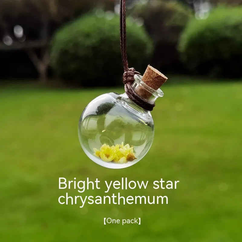 Glass car perfume pendant with preserved flowers for interior decoration and air freshening