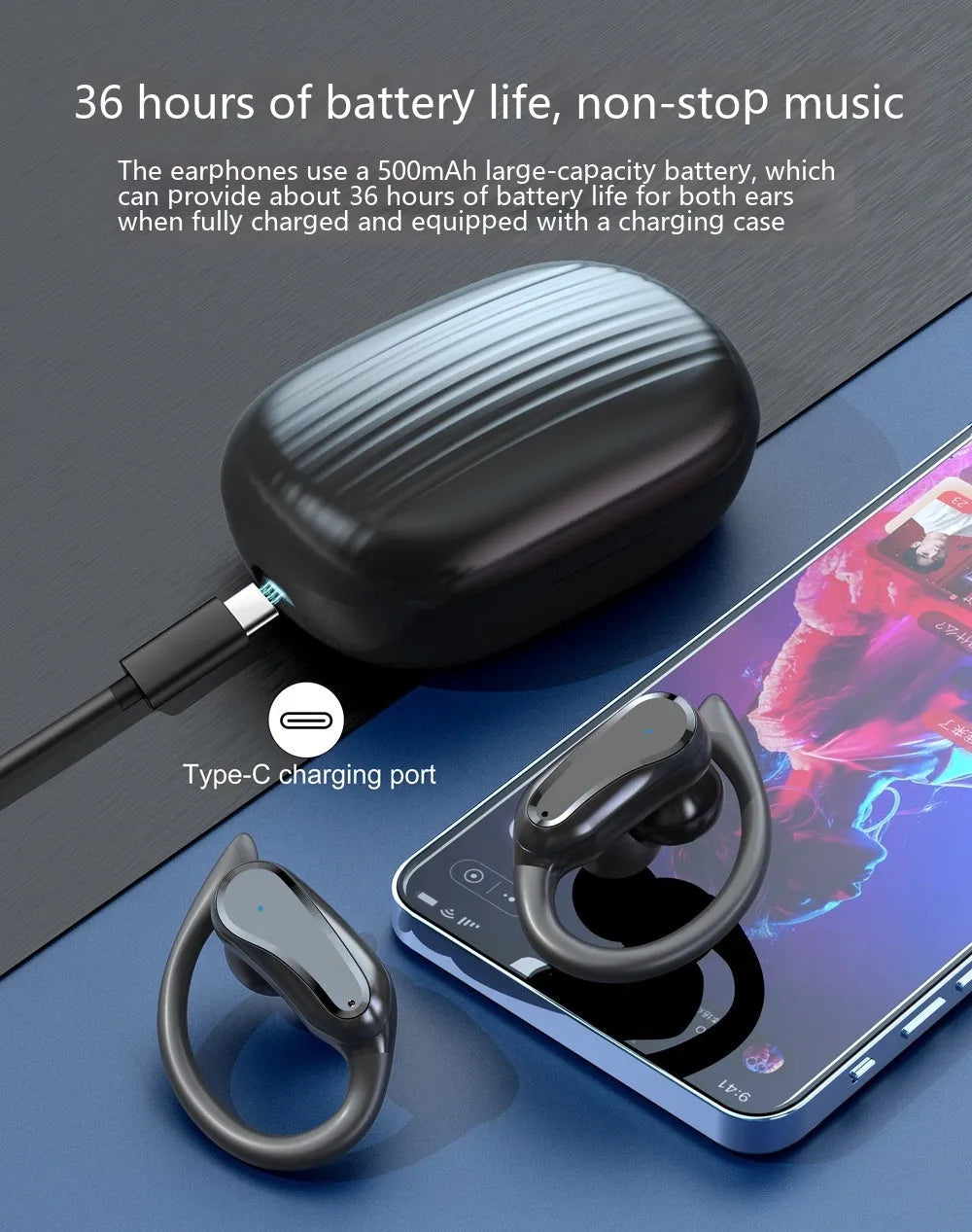 Ear-mounted IPX7 waterproof sports wireless headset with black silicone ear hooks and charging case