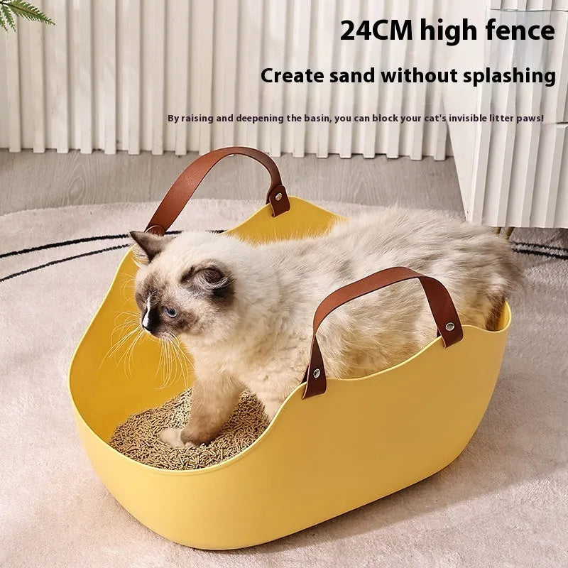 Open portable cat litter tray in grey plastic, 51x36x24cm, on floor with litter inside
